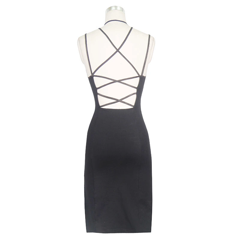 SKT027 devil fashion daily life summer punk skinny sexy ladies black cotton halter dress