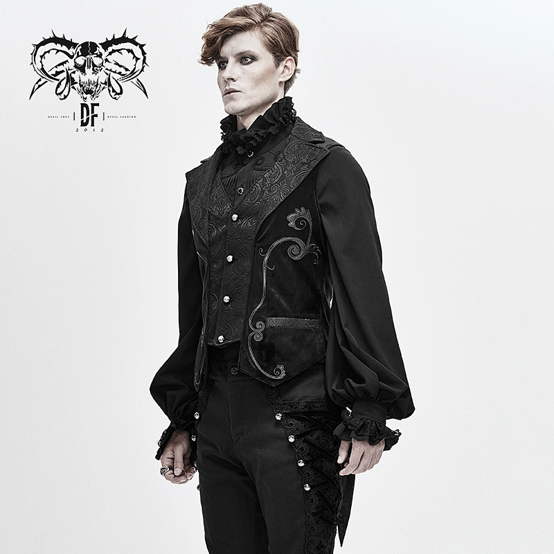 WT049 noble floral patterned leather embroidery black gothic party men velvet waistcoats