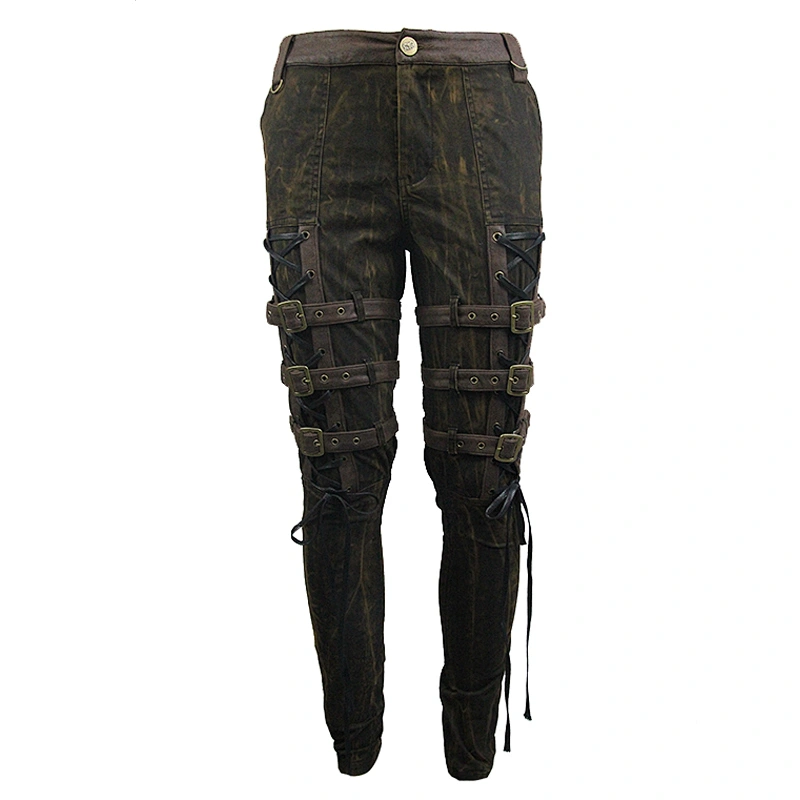 PT091 Devil fashion unique designs contrast color brown bandage men steampunk trousers with loops