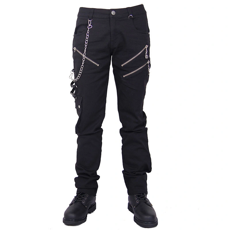 PT001 Devil fashion punk rock ghost claw leather loop black cotton men trousers with chain