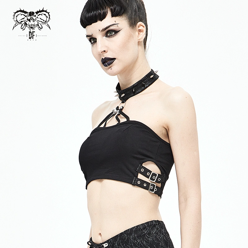 TT023 everyday summer punk sexy ladies pleated back rivets spiked club strapless vest with choker