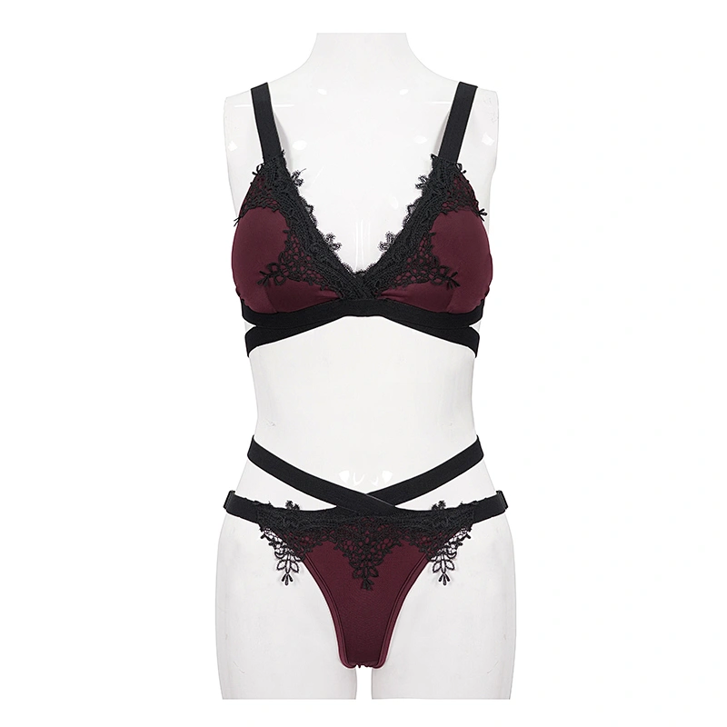 SST008 burgundy and black V neck Gothic lace appliqued sexy women swimsuit set with straps