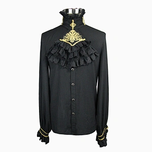 SHT02301 Devil fashion men Gothic party gold embroidered black chiffon shirts with lace bow tie