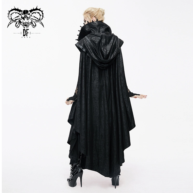CT057 devil fashion game style big coattail zipper up gothic patterned unisex leather hooded long cloak