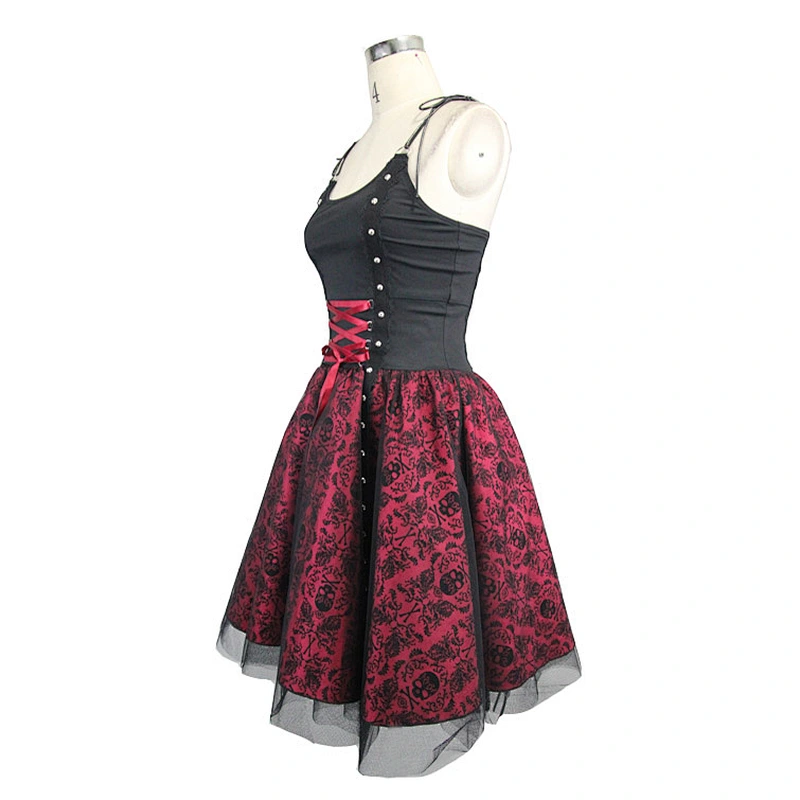 SKT052 black and wine allochroic skull flocking lace up sexy princess bodycorn dress