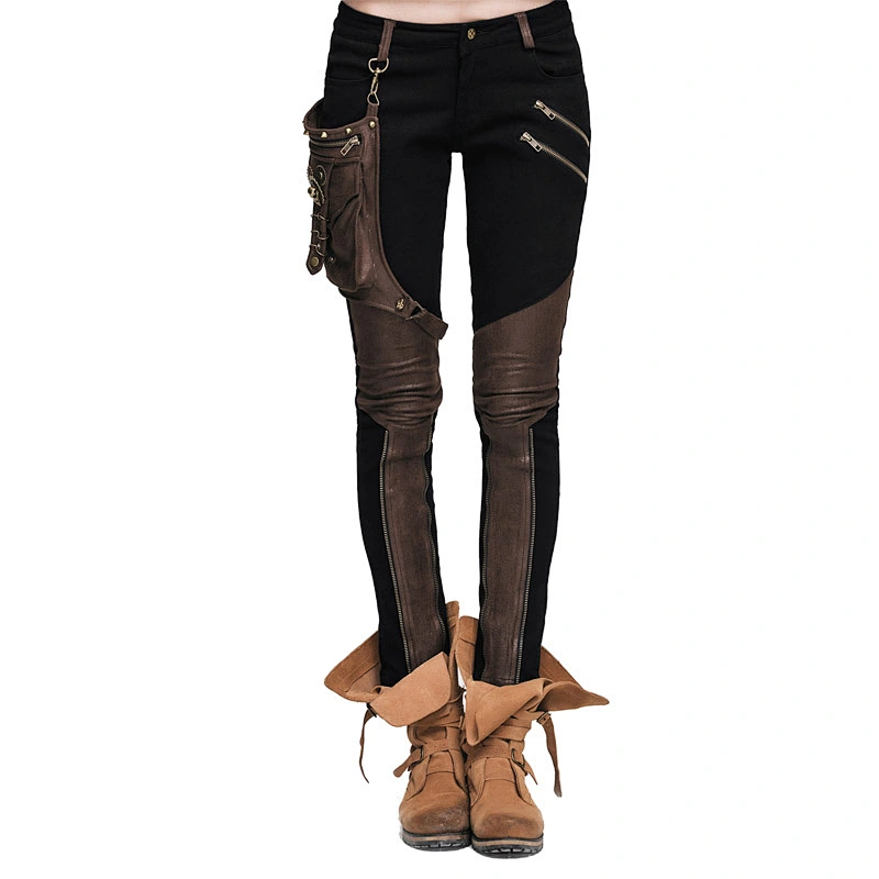 PT01802 Devil fashion black and brown contrast color women steampunk skinny pants with bag