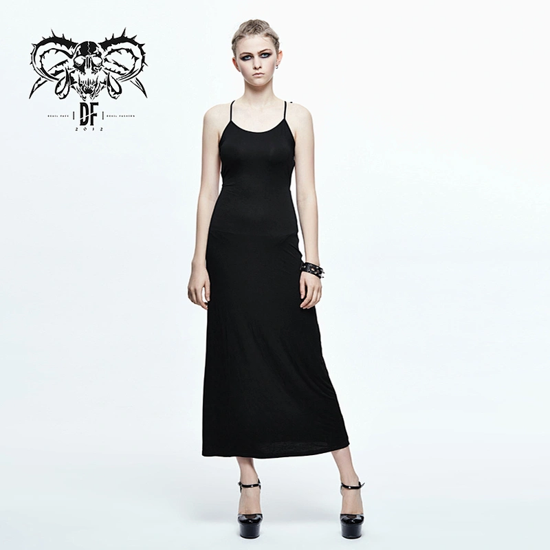 SKT034 everyday summer Five-pointed star back Modal black women mid-length suspender dress