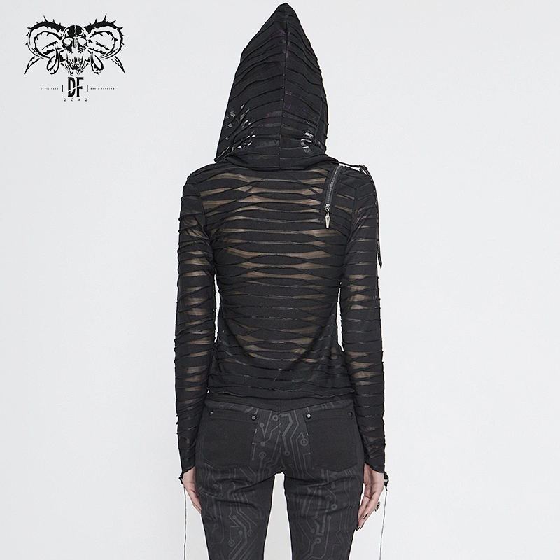 TT147 Two ways wearing classic style diagonal zipper striped hooded punk women autumn black tops