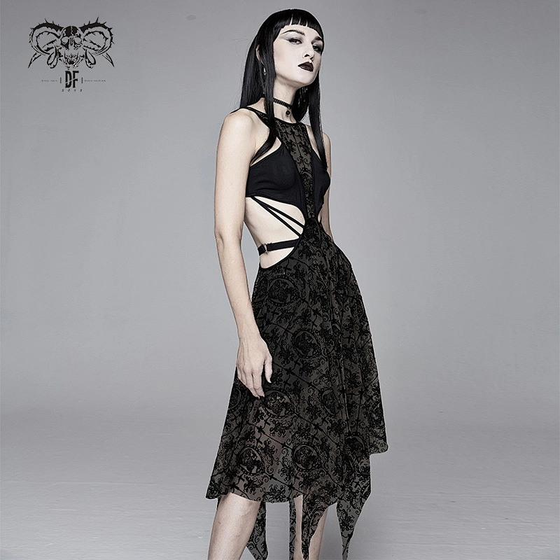 SKT09001 Devil Fashion Summer club black queen printing hollow out asymmetry designer sleeveless women sexy evening gothic dress