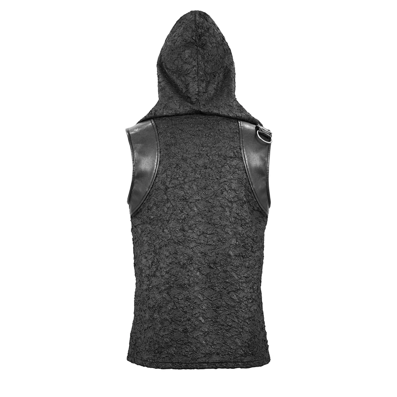 TT137 summer daily life leather stitched wrinkle knitted punk hooded men tops with metal rings
