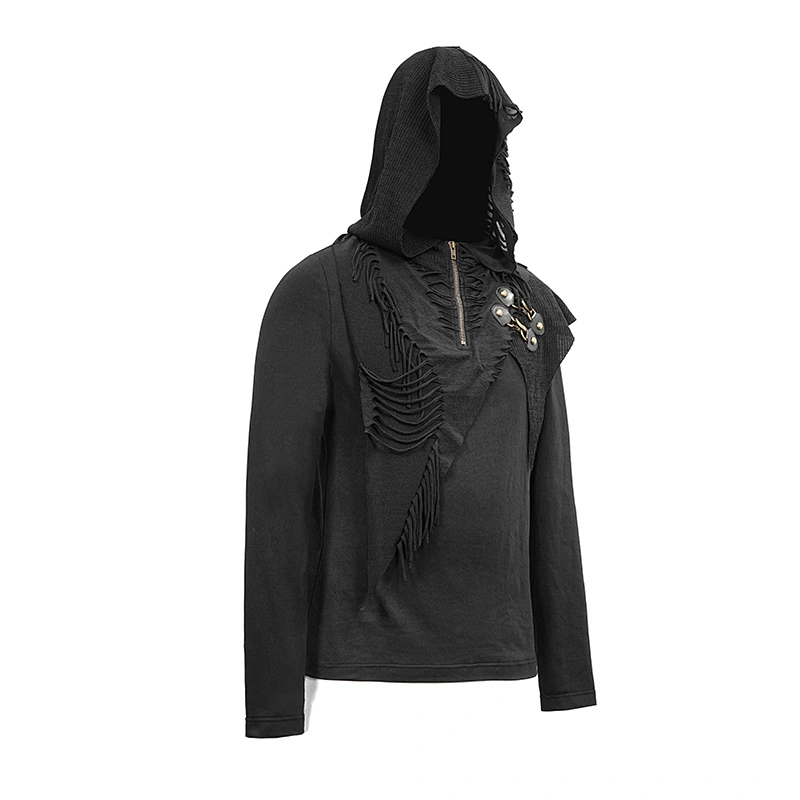 TT140 Autumn punk black asymmetric broken holes worn zipper up neckline hooded tops with loops