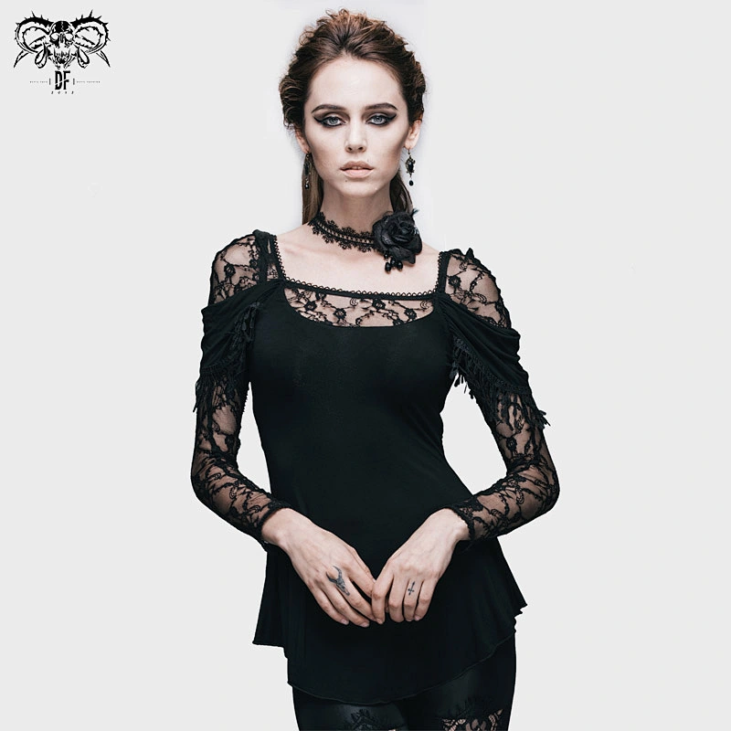 TT011 Gothic black rose lace long sleeves elegant ladies over hip T-shirt with cowls