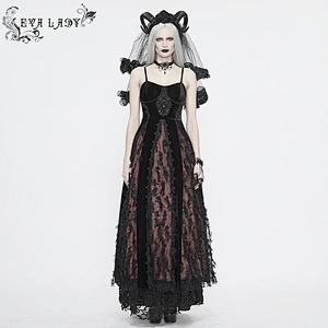 ESKT032 Eva Lady Gothic party contrast color black and wine velvet lace appliqued mesh long sling dress