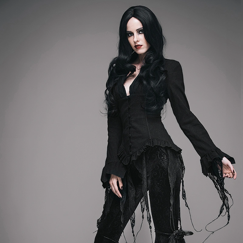 ESHT001 Eva lady brand costume best seller darkness deep neck women black gothic blouse