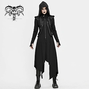 CT156 Devil fashion designer asymmetric punk wildest black women hooded long coat with straps