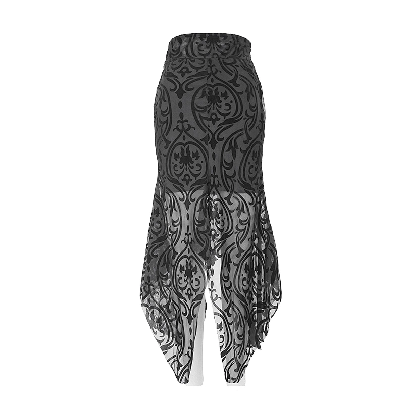 SKT097 daily life irregular hem court flocking printed mesh see through sexy women fishtail skirt