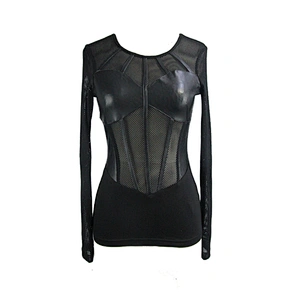TT100 club transparent design punk sexy ladies long sleeve elastic leather bra mesh black tube t-shirts