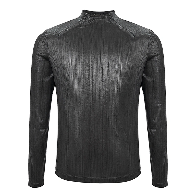 TT173 daily bright black Cyberpunk long sleeve fine vertical lines stretchy men T-shirt with zipper