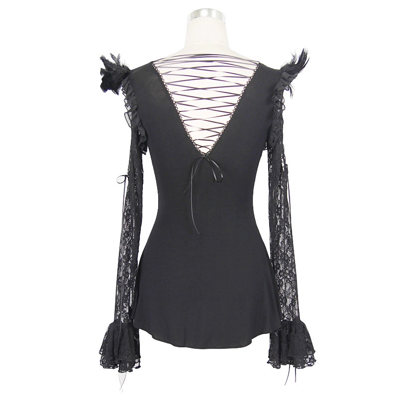 TT021 Shoulder feather decoration sexy women mature rose lace flared long sleeves T-shirt