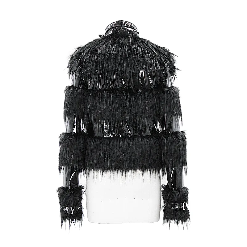 CT128 Devil fashion punk costume stand collar patchwork women black leather jackets with fur