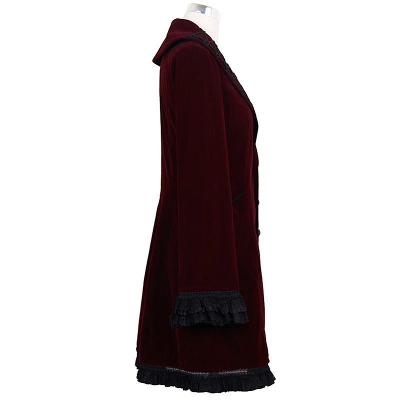 CT00302 Devil fashion wine chinese frog turn down collar crimp lace sleeves velveteen gothic women coats