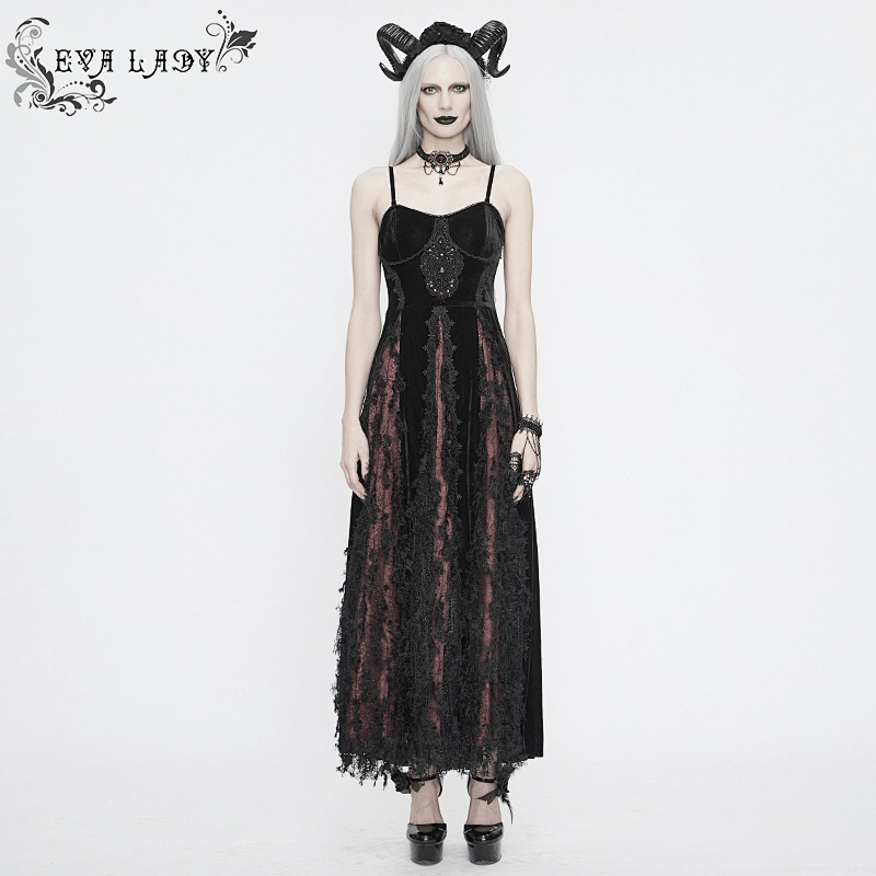 ESKT032 Eva Lady Gothic party contrast color black and wine velvet lace appliqued mesh long sling dress