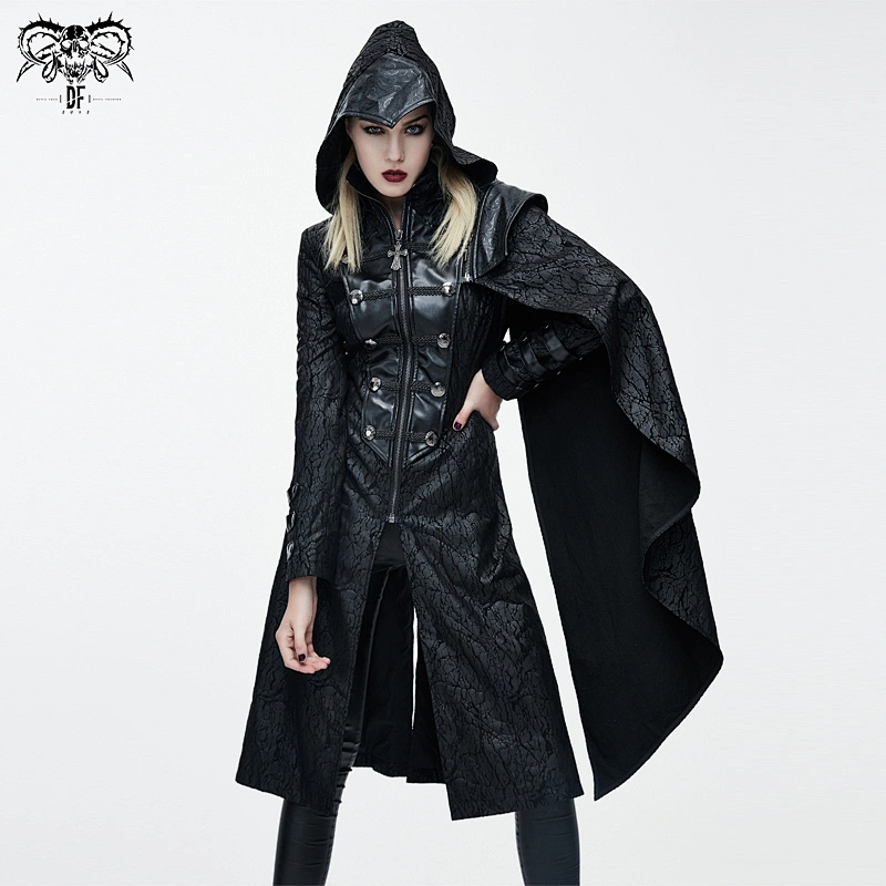 CT062 Devil fashion black cape shoulder tree patterned 3D braid punk leather hooded long women coats