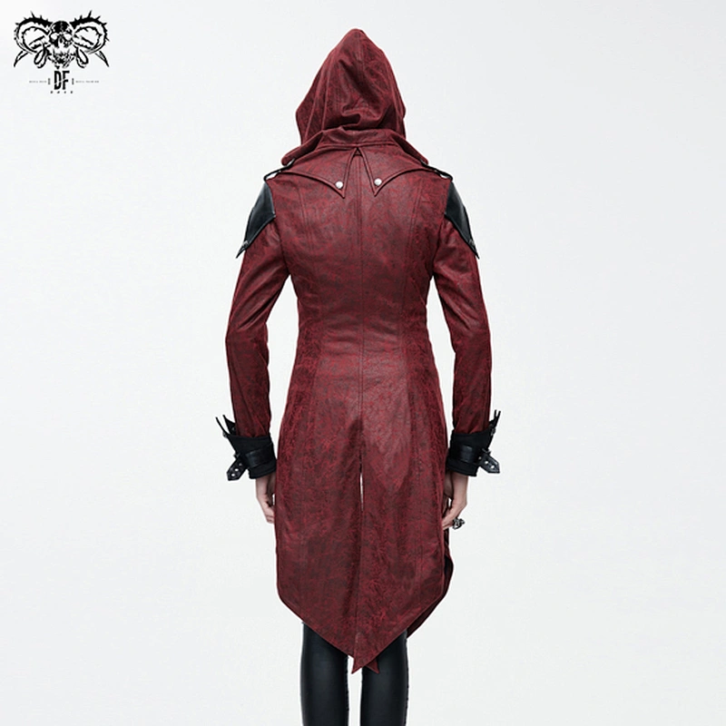 CT06402 Devil fashion red spiked punk rock zipper up fake two pieces mid-length hooded women leather coat
