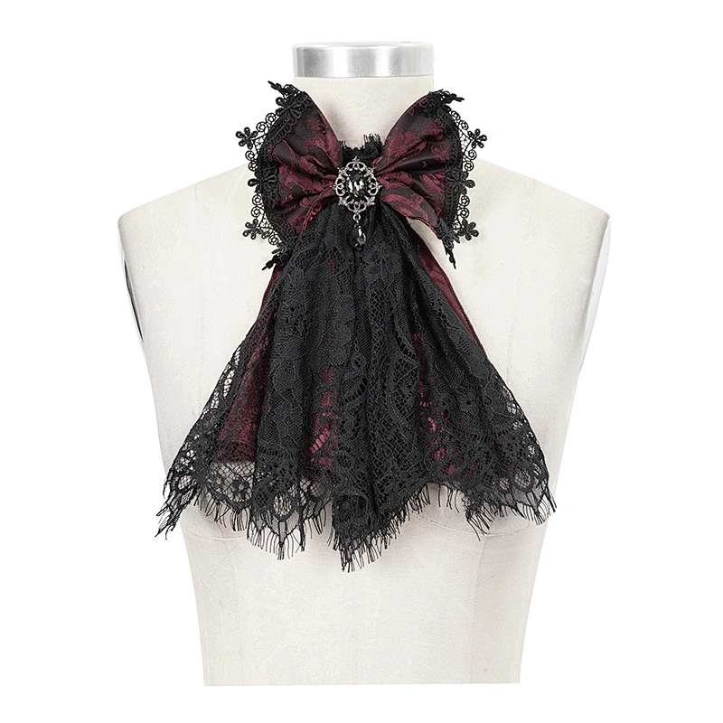AS07302 black and red sexy ladies Gothic dark textured jacquard eyelash lace bow jeweled neck tie