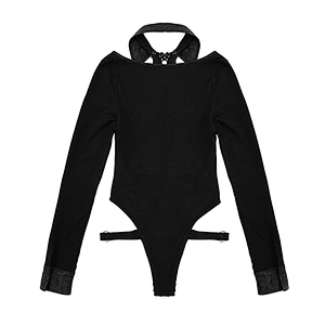 TT134 leather shirt collar laced up hollow out chest long sleeves sexy women punk black jumpsuits