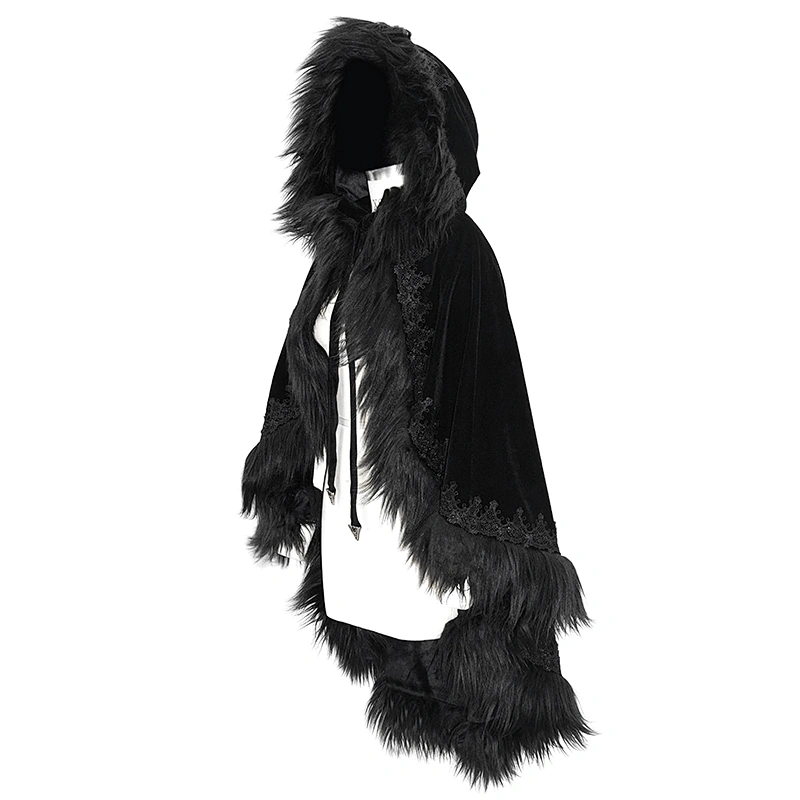 CA019 Devil fashion darkness stylish thick black coats women winter warm gothic hooded cloak with fur