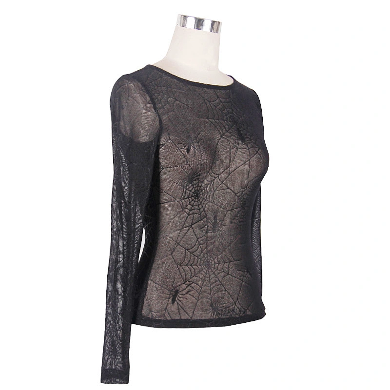 TT031 daily wearing Spider web jacquard basic style round collar long sleeve mesh punk T-shirt