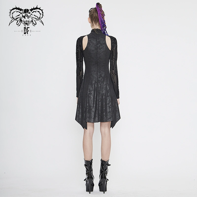 SKT129 punk everyday pointed hem cracked knitted high neck hollow out mesh sleeves sexy women mid-length dress