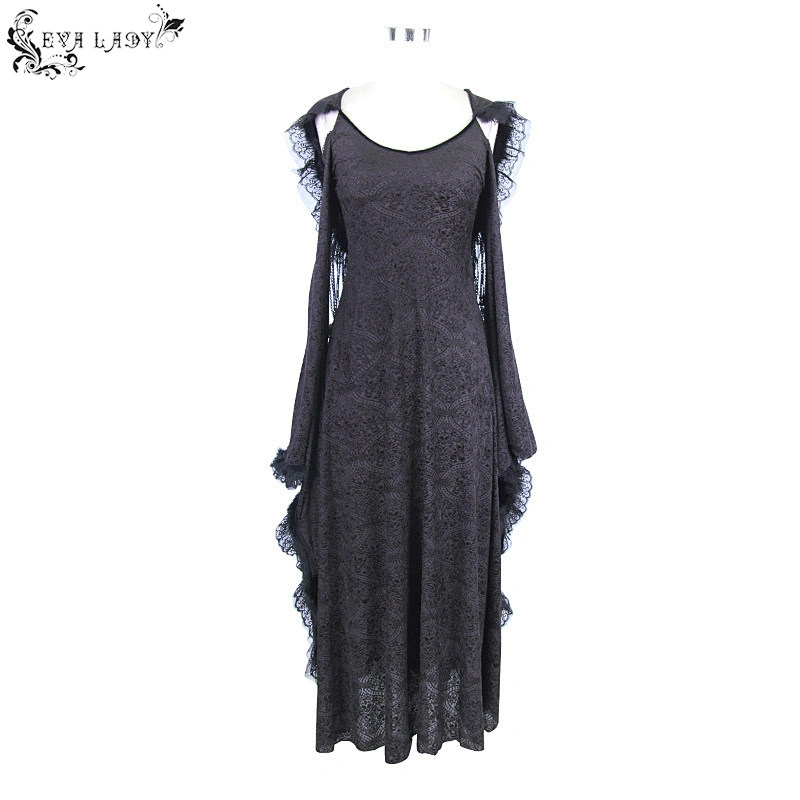 ECT002 Eva lady evening party flare sleeves black gothic patterned hooded long winter dress coat