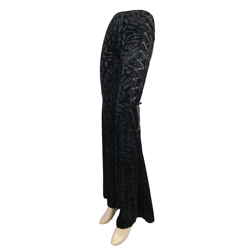 PT054 daily life sexy ladies Gothic lace up feather patterned embossed velvet stretchy bell bottoms pants
