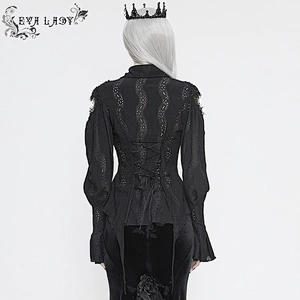 ESHT009 Eva Lady pointed collar puff sleeves wave pattern striped wrinkled stretchy fitted blouse with braid