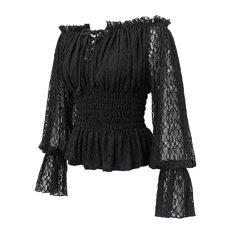 TT15101 black sexy ladies daily life off the shoulder lace floral mesh lantern sleeve smocked T-shirt