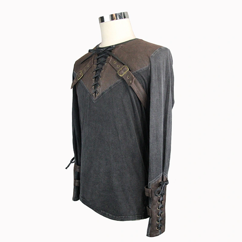 TT08202 Autumn bandage cuff black and brown leather patchwork O neck men long sleeves steampunk cotton T-shirt with loop