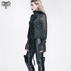 SHT00201 Devil fashion lace sleeves ruffled collar sexy women black Gothic blouse with roses