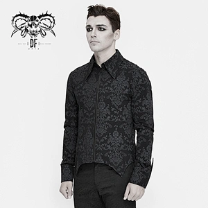 SHT058 Gothic fold over cuff black palace pattern printed men basic style zipper up stretchy shirt