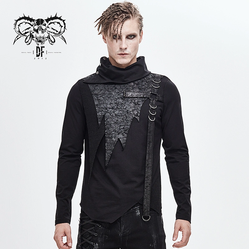 TT141 punk asymmetric leather spliced turtle neck men Korean style black t-shirts with straps
