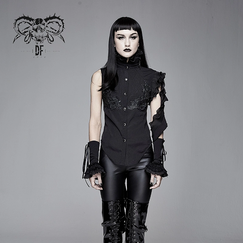 SHT04001 Gothic black ruffled lace sleeves summer chiffon women blouse with dovetail