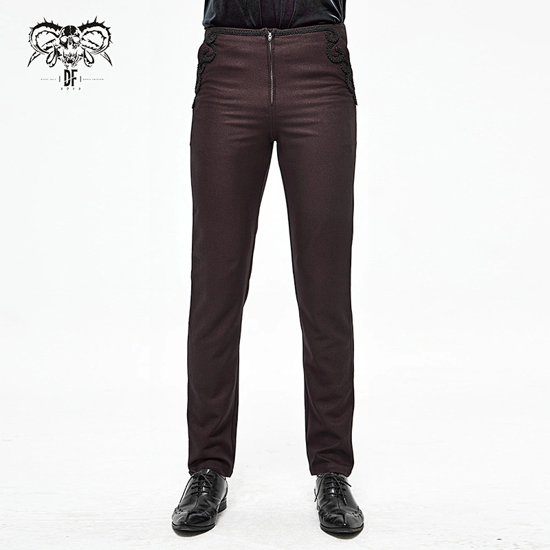 PT13902 Devil fashion Gothic party floral-shaped braid deep wine skinny twill men western style pants