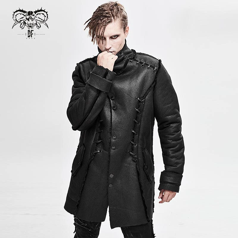CT148 Devil fashion punk high collar fleece lined winter black warm men suede leather coat