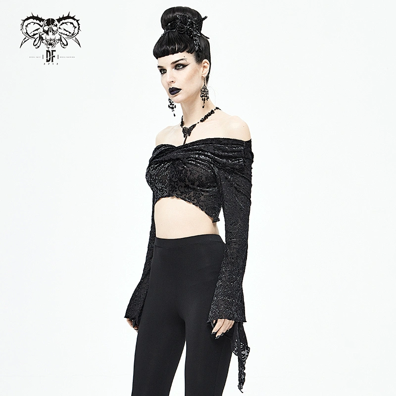 TT155 off the shoulder twisted neck flared sleeves silver-ironed burnt sexy ladies short velvet T-shirt