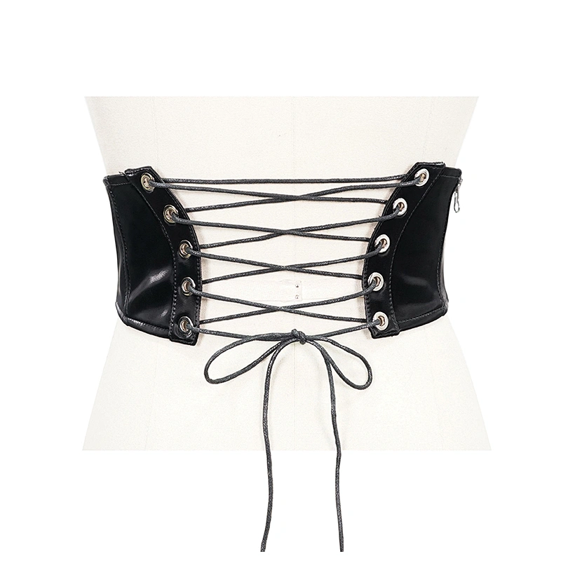 AS046 newest devil fashion gloss punk black Fan-shaped women lace up leather corset