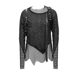 TT136 Decadent broken holes punk mesh spliced black long sleeves men t-shirts with leather loops
