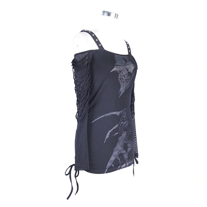 TT043 daily Summer western fashion skull printed punk women black mesh long sleeves flat shoulder halter T-shirt