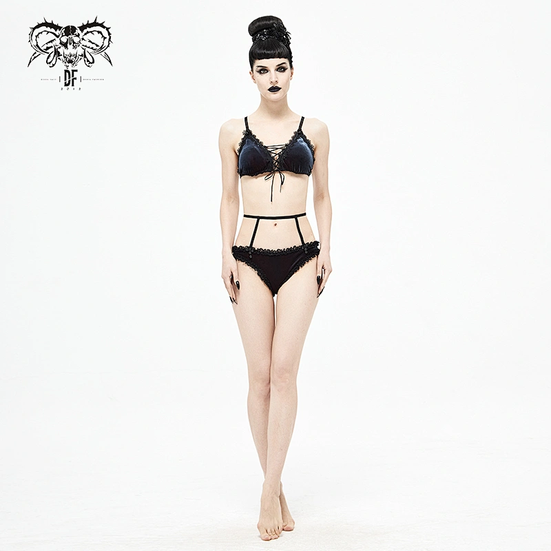 SST018 summer sexy women black and red gothic lace velvet swimsuit set with straps