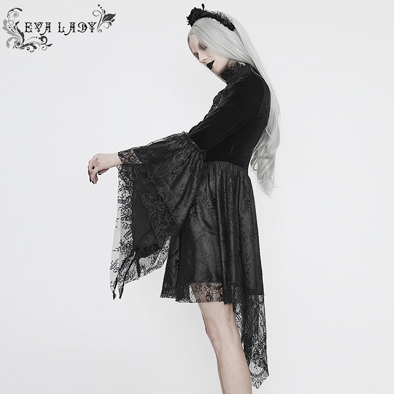 ESKT031 Eva Lady gothic party embroidered beaded off shoulder trumpet sleeve mid-length black dress